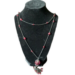 Antique Dark Metal and Red Crystal Beaded Long double layer Necklace